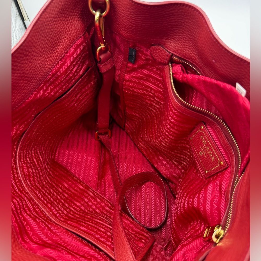 Auth Prada Rosso Vitello Daino Leather Convertible Shopping Tote Bag Preloved - Picture 11 of 13